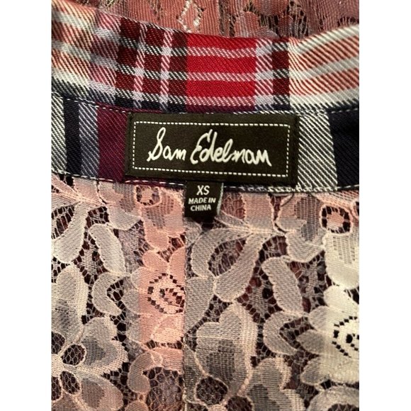 Sam Edelman Womens Riley‎ Button Front Shirt Multicolor Plaid Lace Split Back XS - Picture 7 of 11
